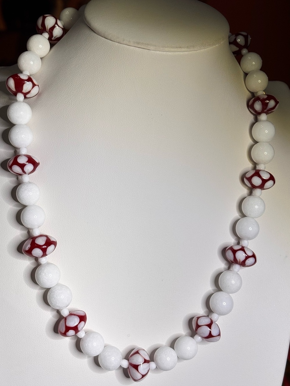 Handcrafted White and Red Beaded Chunky Necklace 21 inches